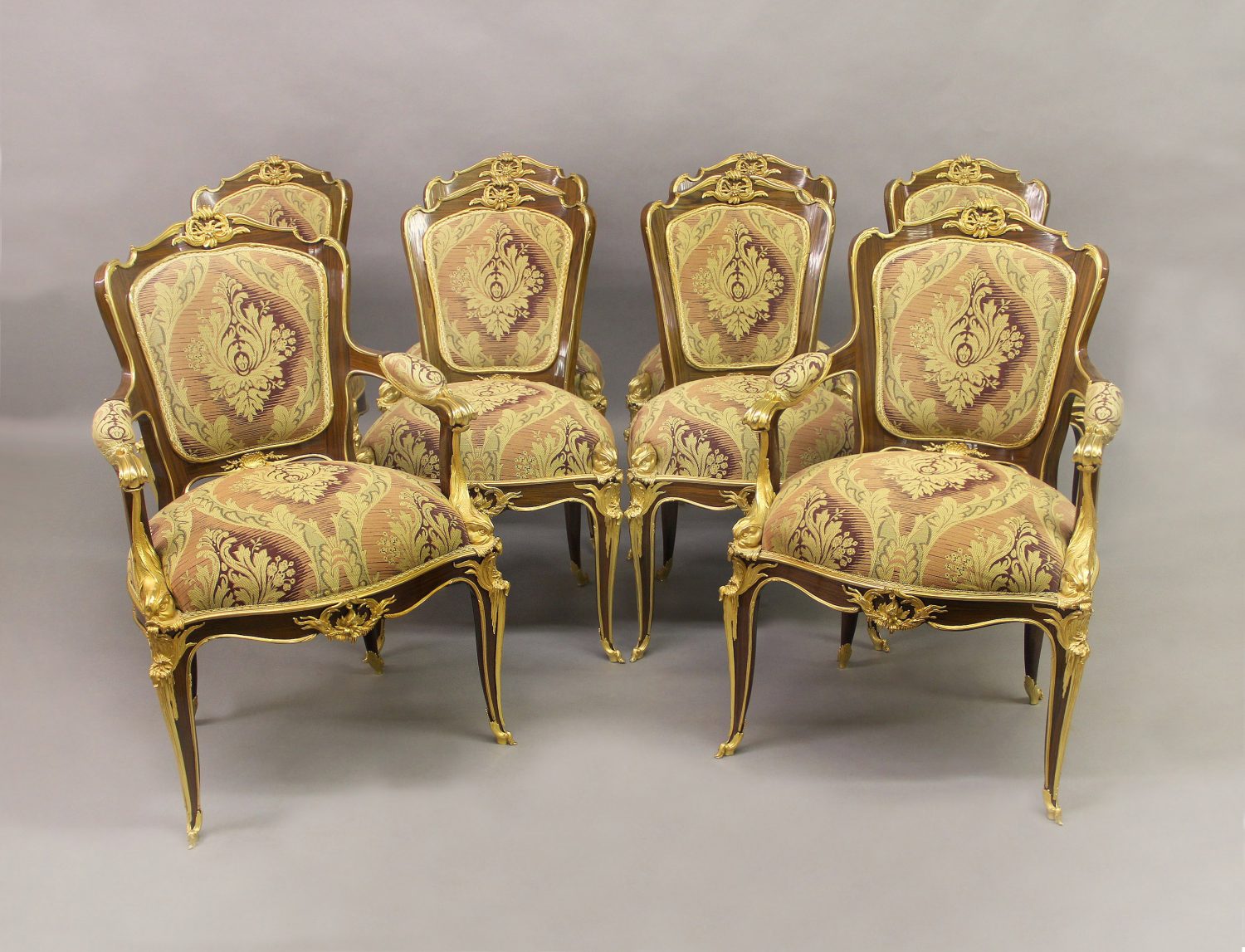 Set of Eight Exceptional Louis XV Style Tan Faux Leather Dining